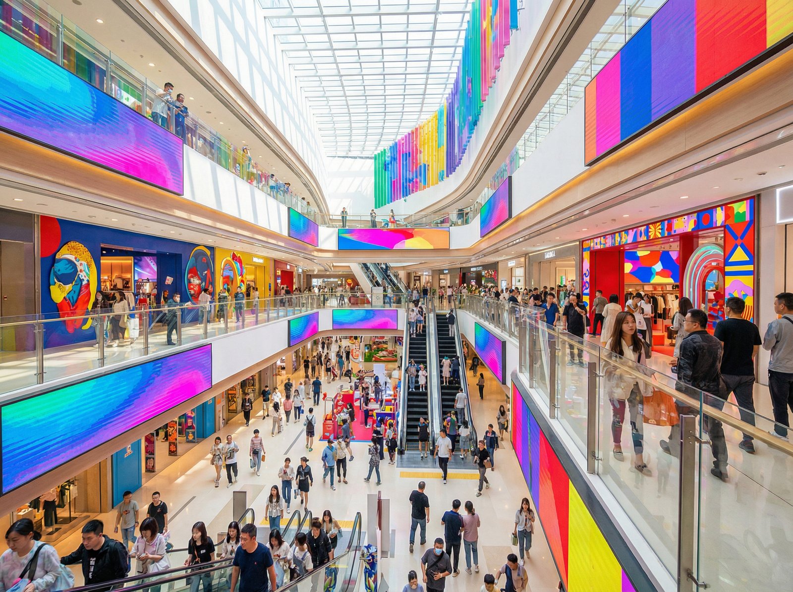 A bustling, modern shopping mall in China with people actively engaged in shopping. Bright, inviting lighting and colorful displays create an energetic atmosphere. Aspect ratio 4:3, no visible text, no white background.