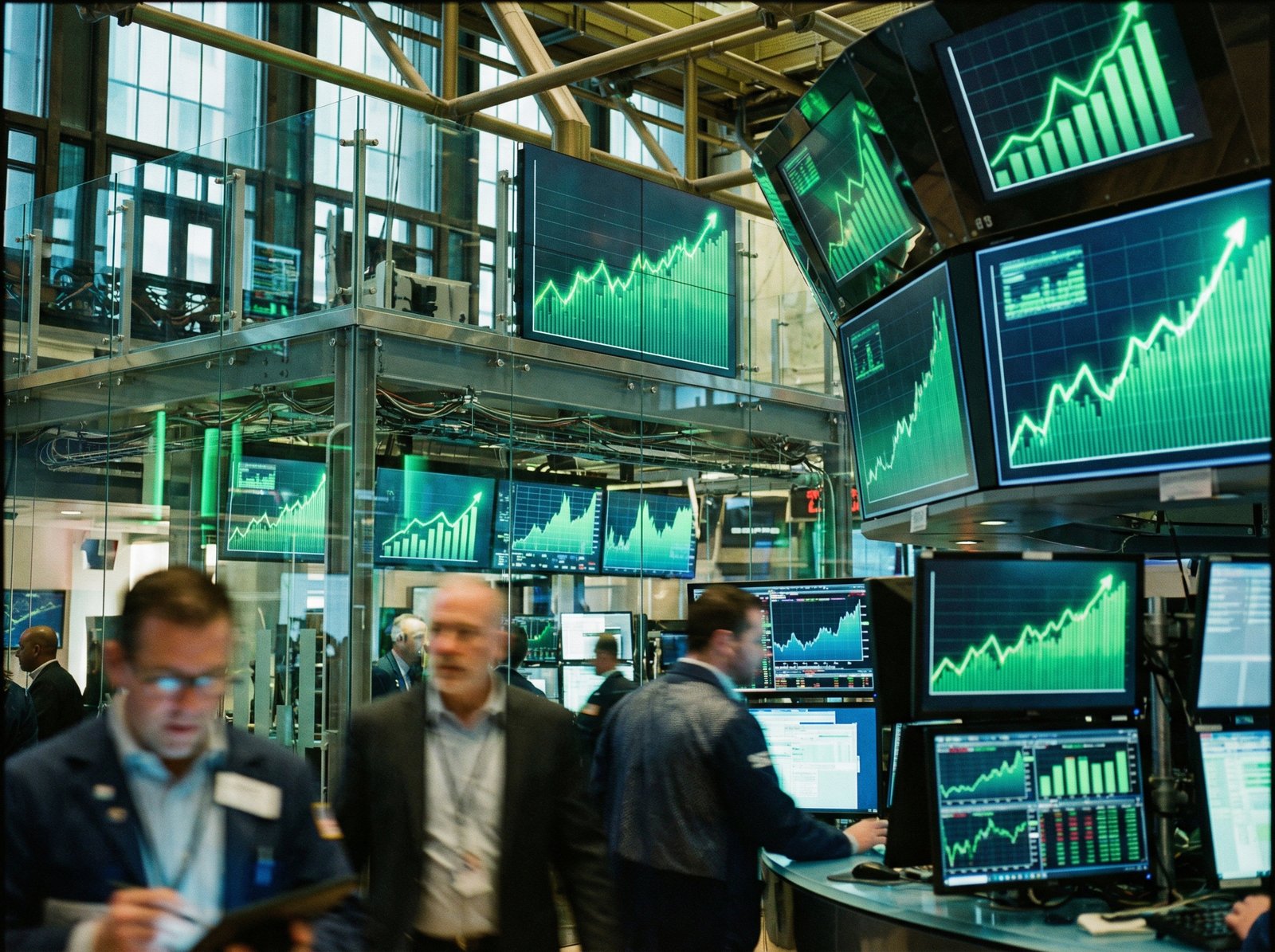 Multiple digital screens displaying green, upward-trending stock market charts and financial data. The overall impression is one of growth and market activity in a modern trading environment. Aspect ratio 4:3, no visible text.