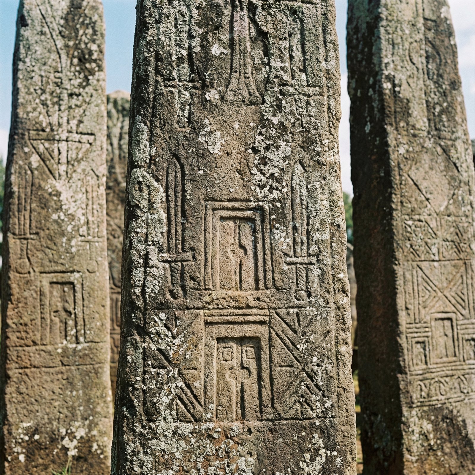 A close-up shot of several ancient stelae at Tiya, Ethiopia, showing detailed carvings and symbols on the weathered stone surfaces. The texture of the stone is visible. Aspect ratio 1:1, no visible text.