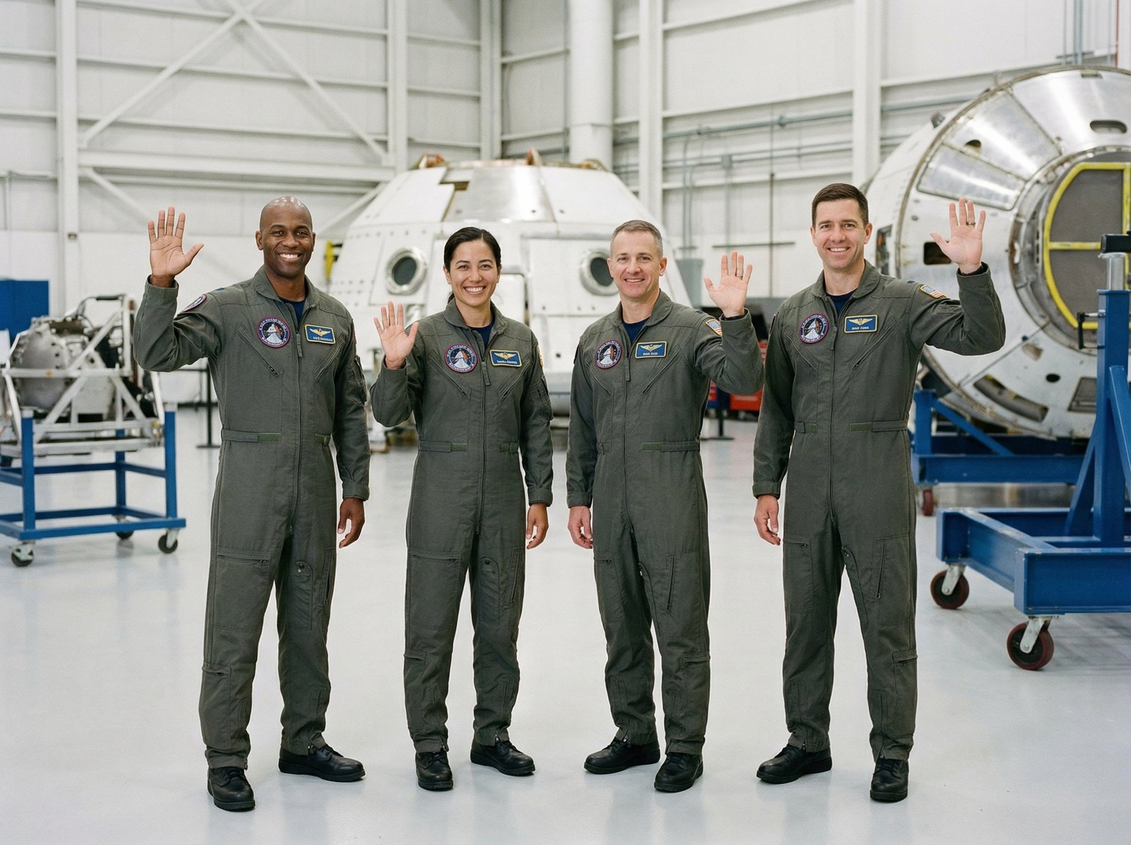 Group of four astronauts in flight suits smiling and waving, professional portrait style, bright lighting, realistic, 4:3