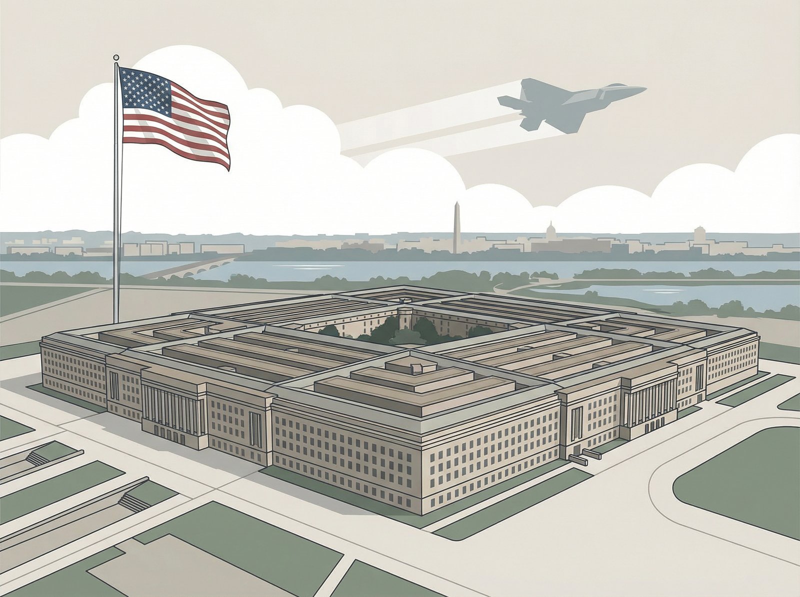An illustration of the Pentagon building in Washington D.C., with subtle elements representing defense and government, like a fighter jet in the background or a flag. Clean, professional style. No visible text. Aspect ratio 4:3.