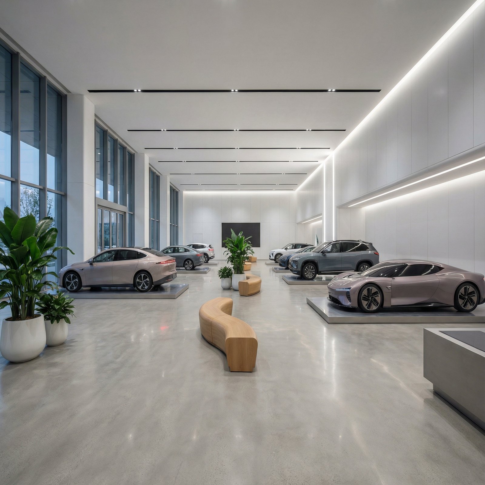 Inside a modern, brightly lit Chinese EV showroom with several different electric vehicle models on display. The interior design is sleek with minimalist aesthetics. Aspect ratio 1:1, no visible text.