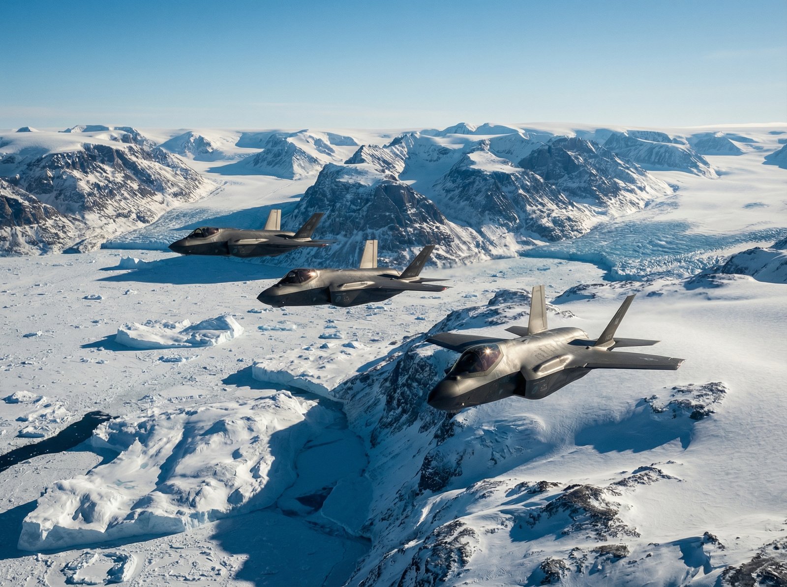 Modern F-35 fighter jets flying over the vast white Arctic landscape of Greenland. The composition shows the advanced technology of the aircraft against the raw, ancient beauty of the polar region. Clear blue sky, cinematic lighting, high contrast, realistic digital rendering, 4:3 aspect ratio, no text.
