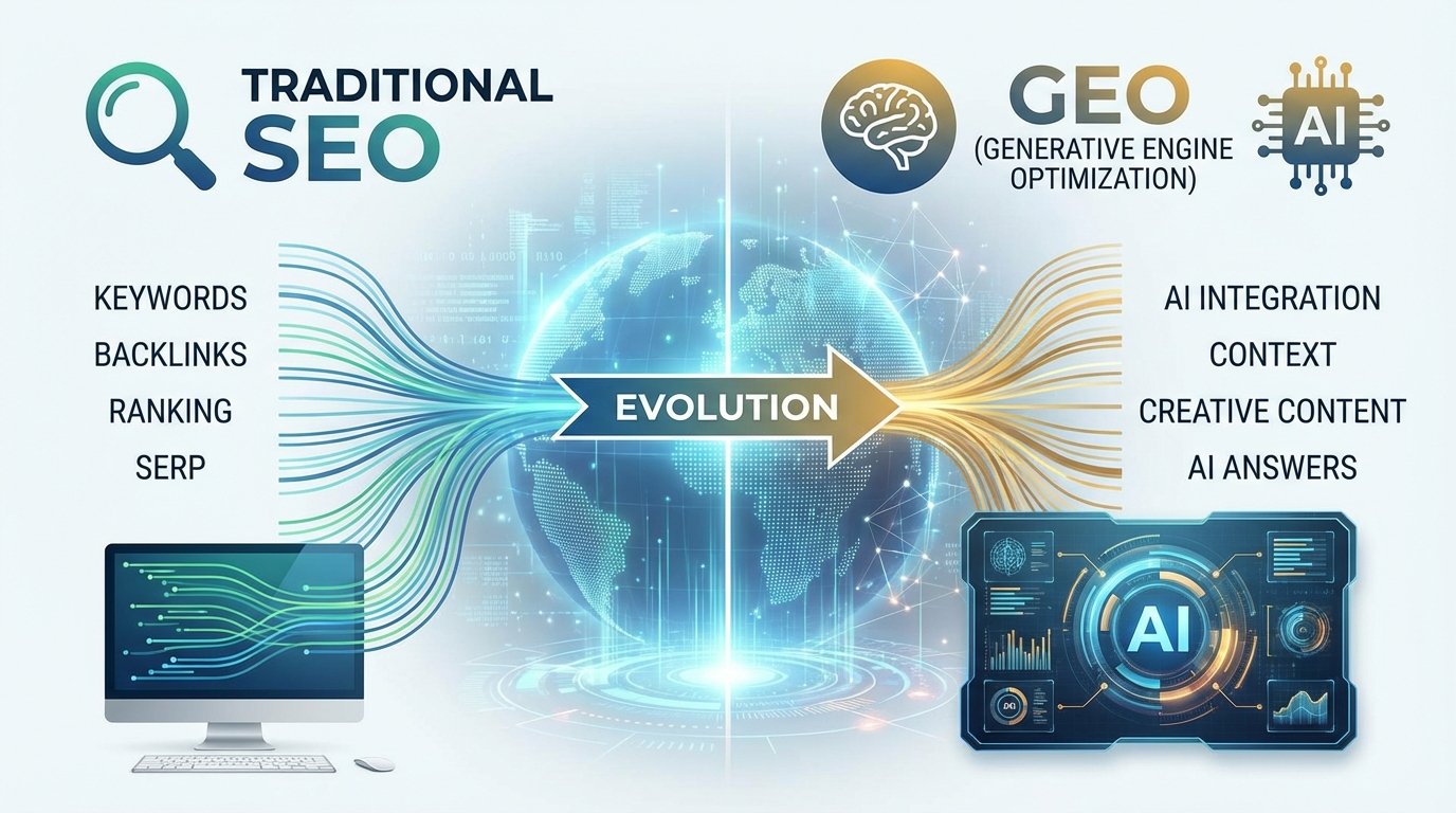 A clean infographic style image showing the evolution from traditional SEO to GEO (Generative Engine Optimization), digital world background with glowing data lines, modern and professional atmosphere, 16:9 aspect ratio.