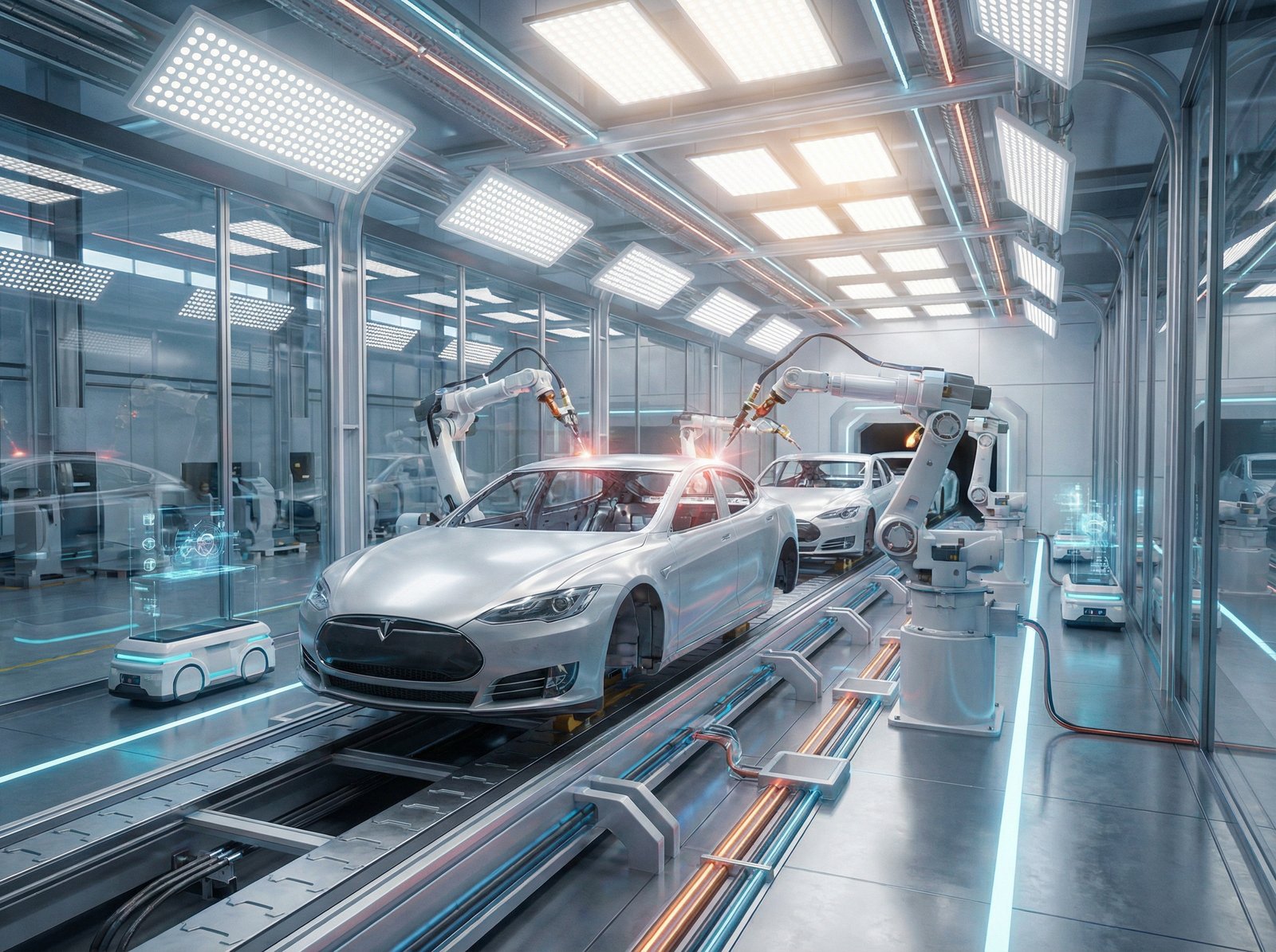 A high-tech modern electric vehicle assembly line with robotic arms and sleek car frames, futuristic industrial setting, bright cinematic lighting, 4:3 aspect ratio, no text