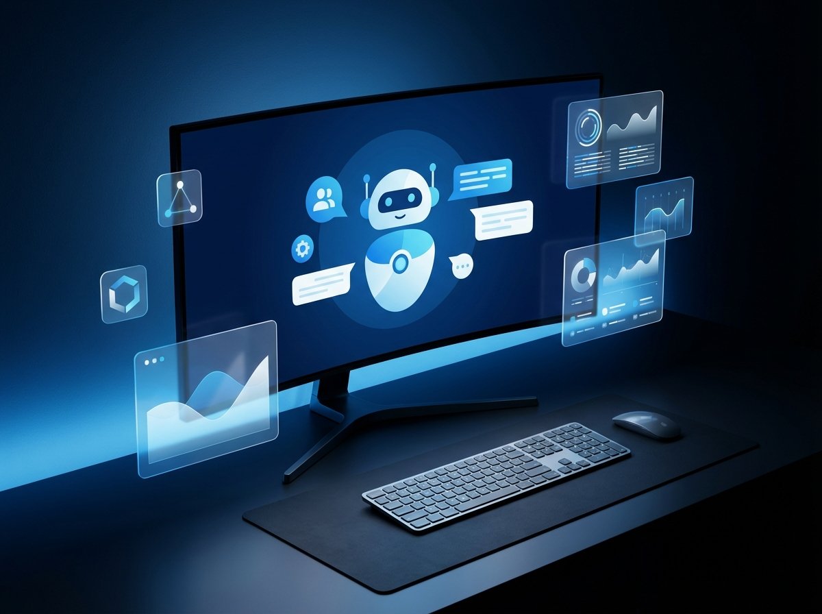A modern digital workspace with a sleek monitor showing a chatbot interface and subtle advertising elements floating around, vibrant blue and white theme, high contrast professional photography, 4:3 ratio, no text
