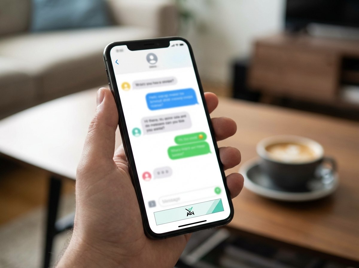Close-up of a high-end smartphone screen displaying a chat conversation with a clean labeled ad banner at the very bottom, natural lighting, realistic tech lifestyle photo, 4:3 ratio, no text