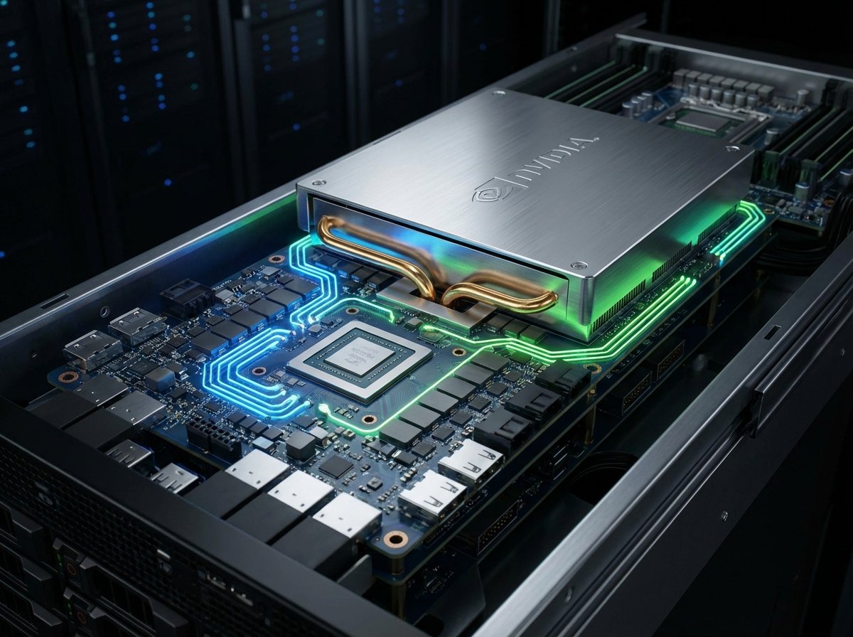 Close up of high-performance NVIDIA GPU hardware in a data center, glowing circuits, gold and silver metallic textures, sophisticated technology, 4:3 aspect ratio, no text