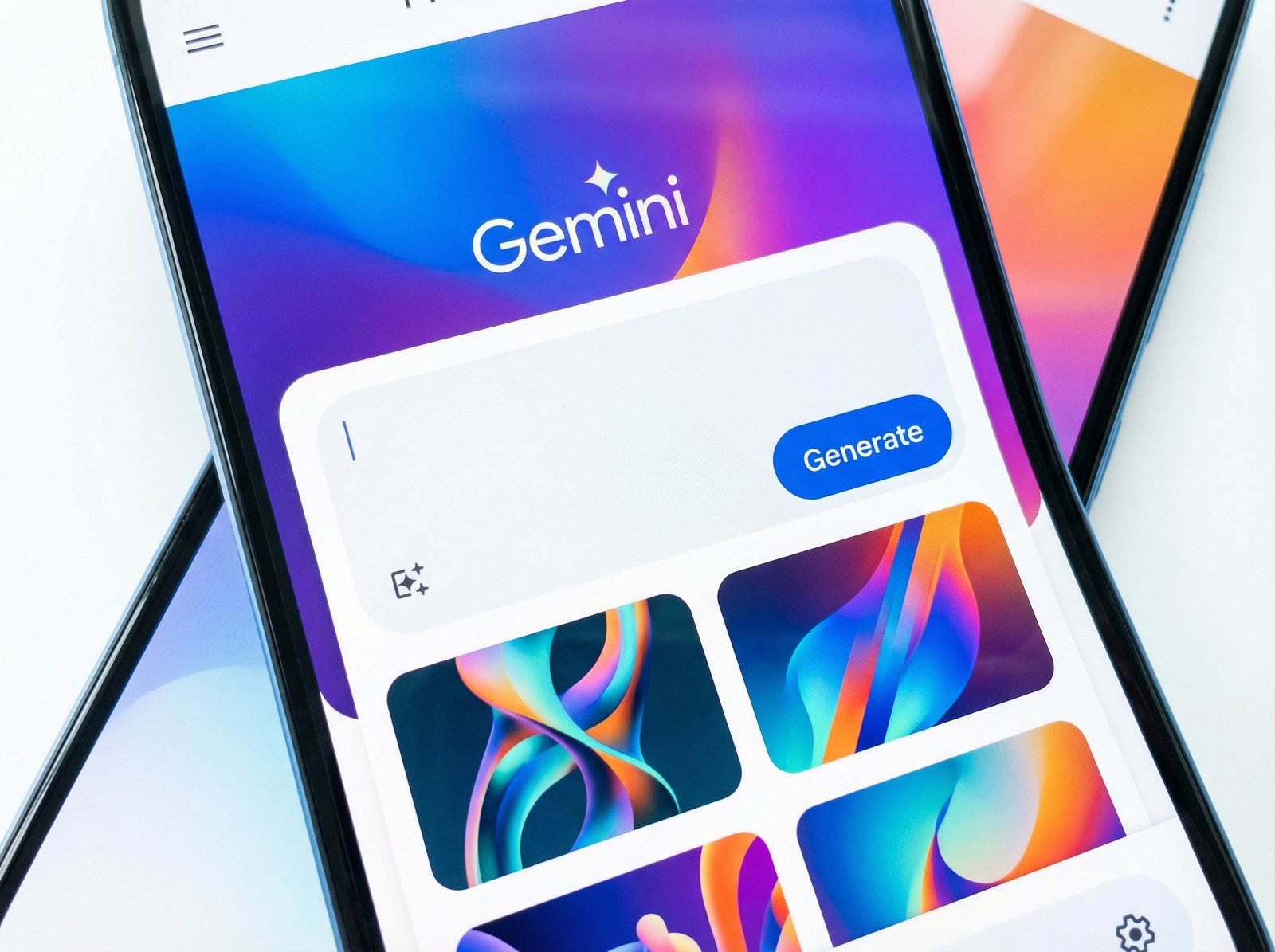 A clean and modern user interface of the Gemini AI app on a smartphone screen, showing an image generation feature. The background is a vibrant, abstract gradient. The composition is centered, with bright and balanced lighting. No visible text, no people, 4:3 aspect ratio.