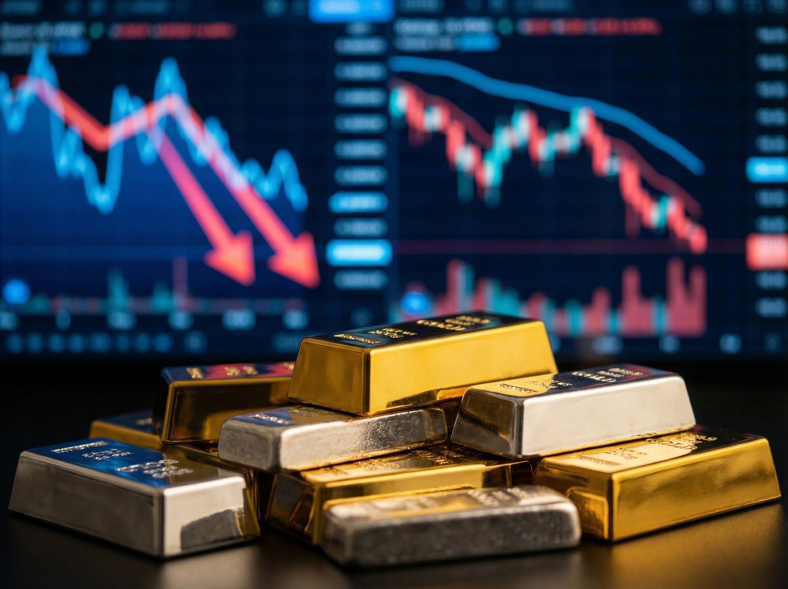 Gold and silver bars in the foreground, with blurred stock market charts and downward trend lines in the background. Informational style, high contrast, no visible text, 4:3 aspect ratio.