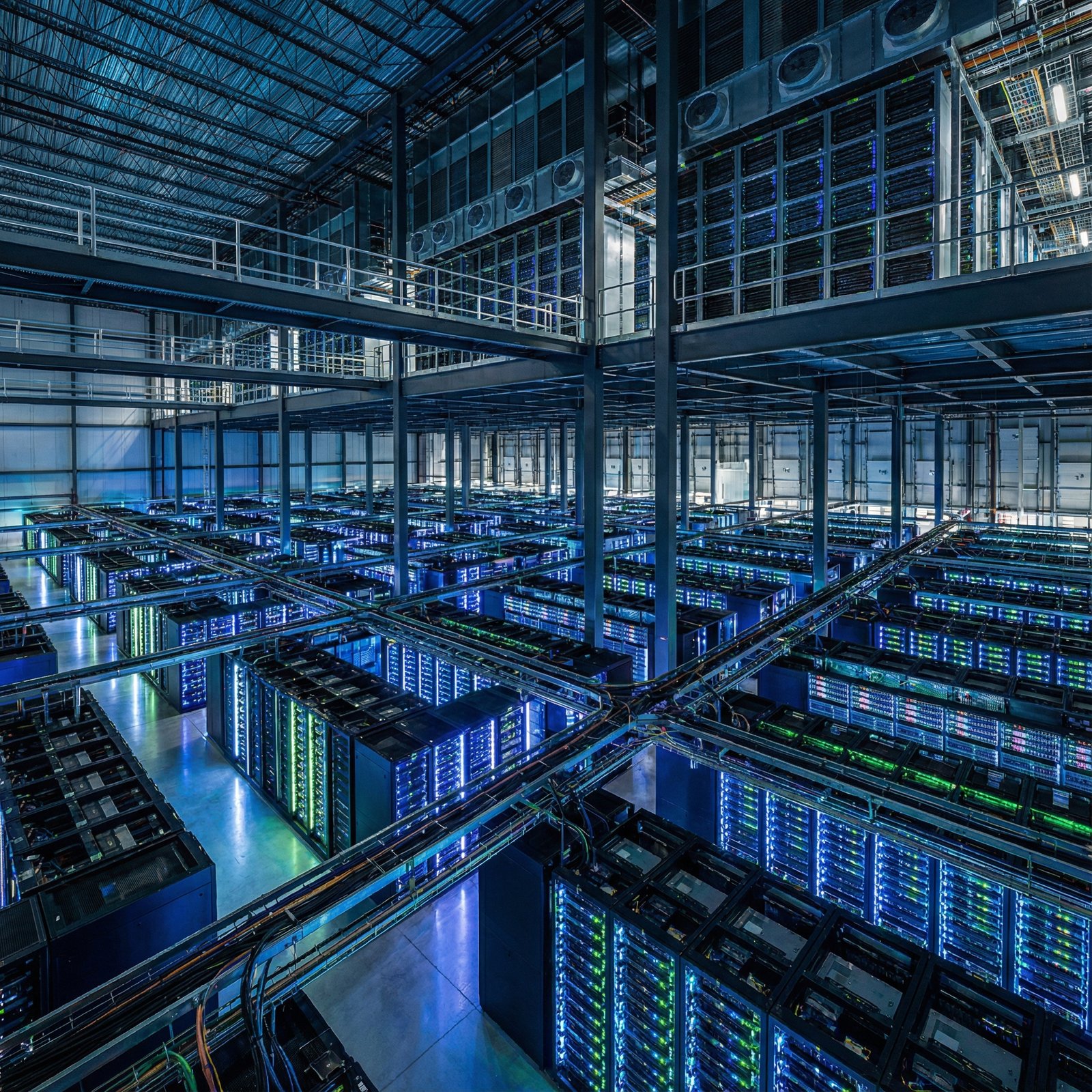 A vast and intricate data center with rows of glowing server racks, representing Google's massive infrastructure and investment. The image has a detailed composition, with a cool blue and green color scheme. No visible text, 1:1 aspect ratio.
