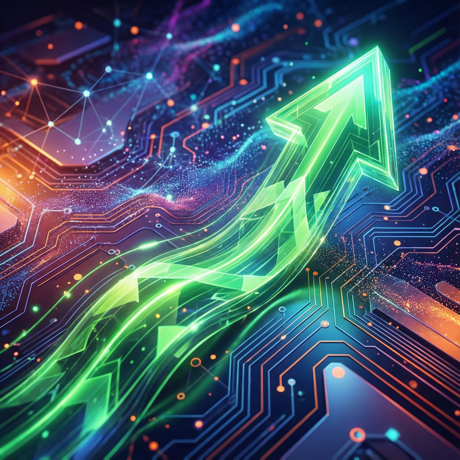 A vibrant, abstract infographic representing a significant increase in stock value for a major tech company like Google. Use a green upward arrow dramatically rising on a dynamic, textured background. The composition should be modern and clean, with high contrast. No visible text, 1:1 aspect ratio.