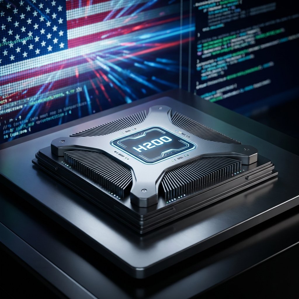 A futuristic high-tech AI semiconductor chip named Nvidia H200 placed on a sleek metallic surface. In the background, a subtle fusion of the United States flag and digital data streams. Professional studio lighting, cinematic atmosphere, high contrast, 1:1 aspect ratio, no visible text.