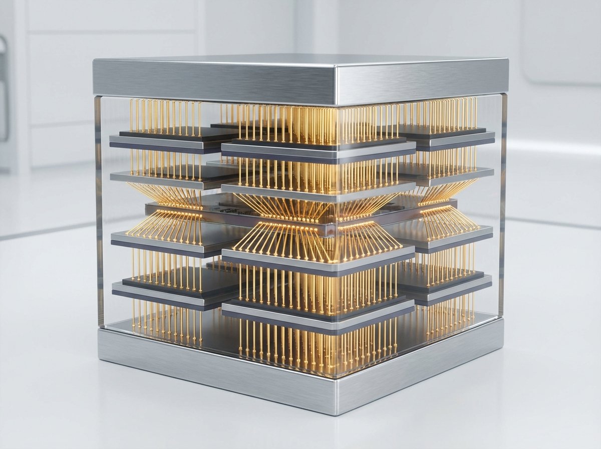 An 3D illustration showing layers of memory chips stacked vertically into a cube shape, connecting with golden micro-wires, representing High Bandwidth Memory architecture, clean high-tech aesthetic, 4:3 aspect ratio, professional lighting, no text