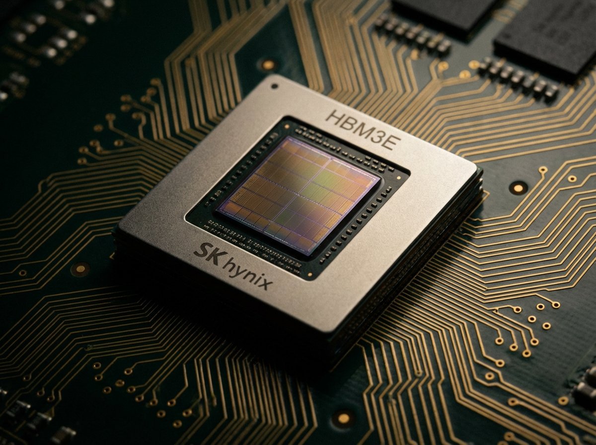 Close-up of a sophisticated High Bandwidth Memory chip on a circuit board, intricate gold circuits, micro technology, high contrast lighting, professional macro photography, 4:3