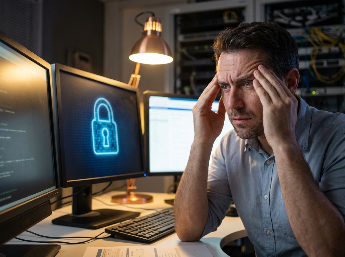 A concerned IT professional sitting at a desk with multiple monitors, glowing digital lock icon on the screen, moody indoor lighting, natural skin texture, 4:3