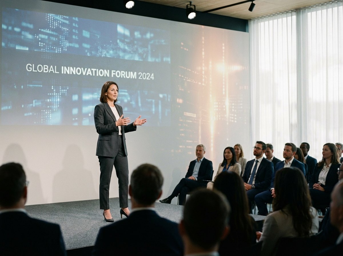 A professional CEO in a modern business suit speaking confidently at a global tech summit like Davos. Background features subtle digital patterns and soft lighting. High-quality corporate photography style, wide shot, natural lighting. 4:3