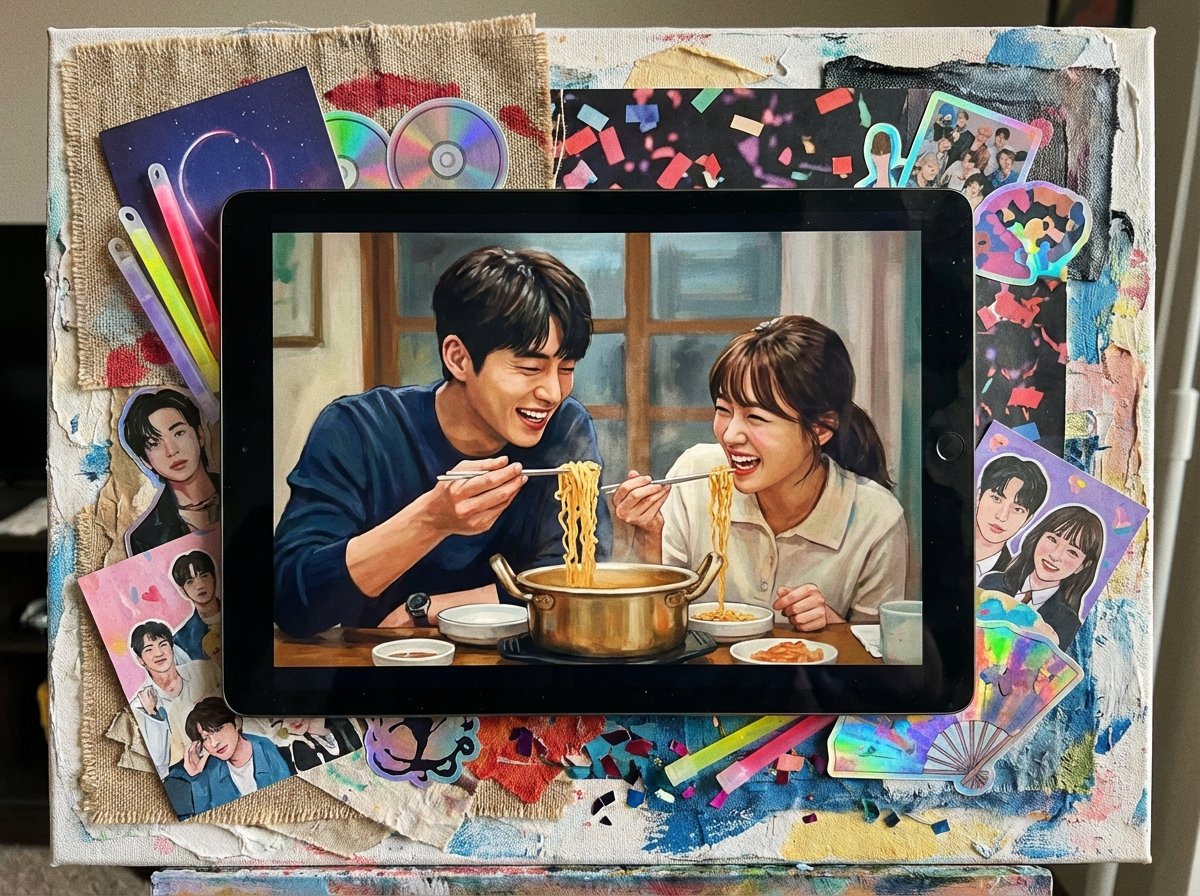 An artistic rendering of a digital screen showing a Korean drama scene with characters eating noodles, surrounded by K-pop aesthetic elements, textured background, 4:3, no text