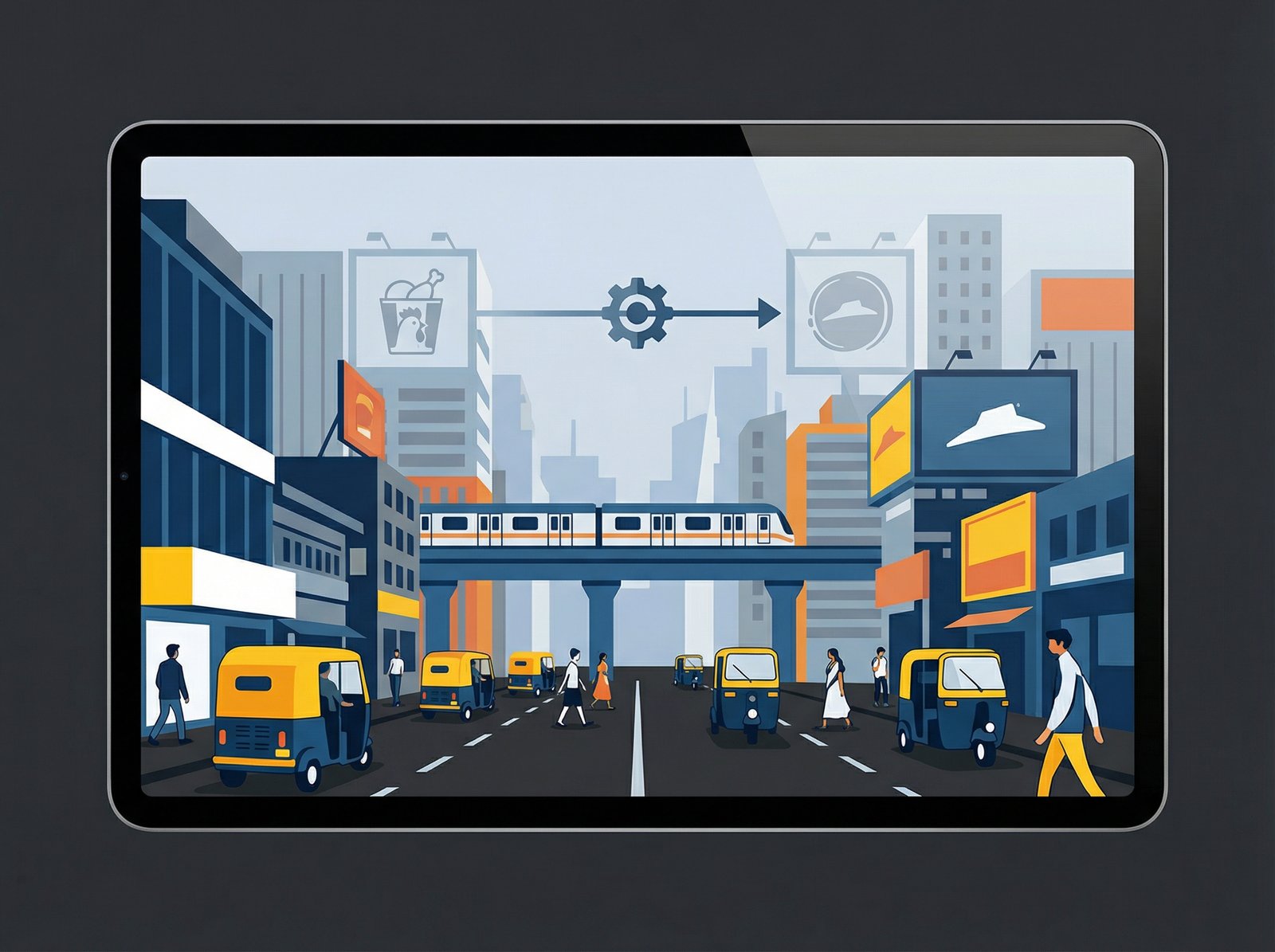 A busy, modern Indian street scene with subtle KFC and Pizza Hut logos visible in the background, symbolizing the merger of two major food chains. Informational style, clean infographic, modern layout, high contrast. No visible text. Aspect ratio 4:3.