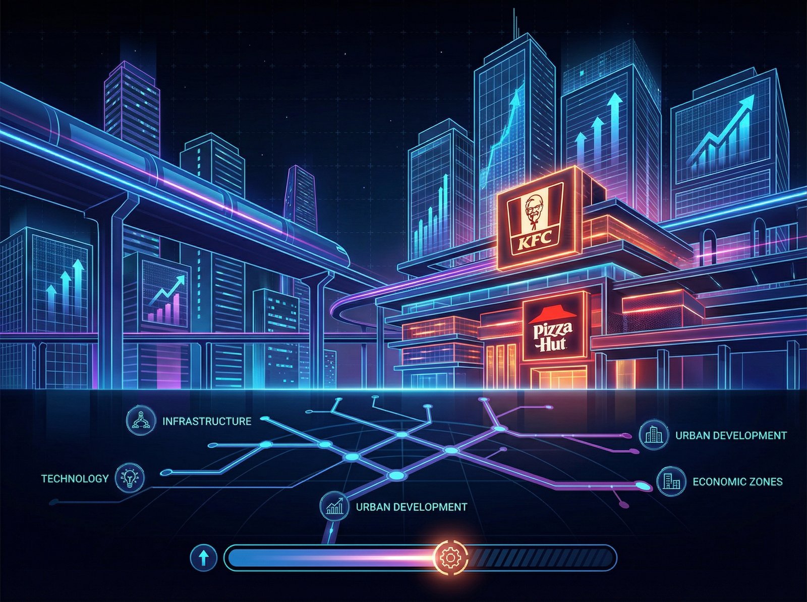 A futuristic yet bustling Indian city street at night, with illuminated KFC and Pizza Hut signs, showcasing potential for rapid expansion and modernization. Informational style, clean infographic, modern layout, high contrast. No visible text. Aspect ratio 4:3.