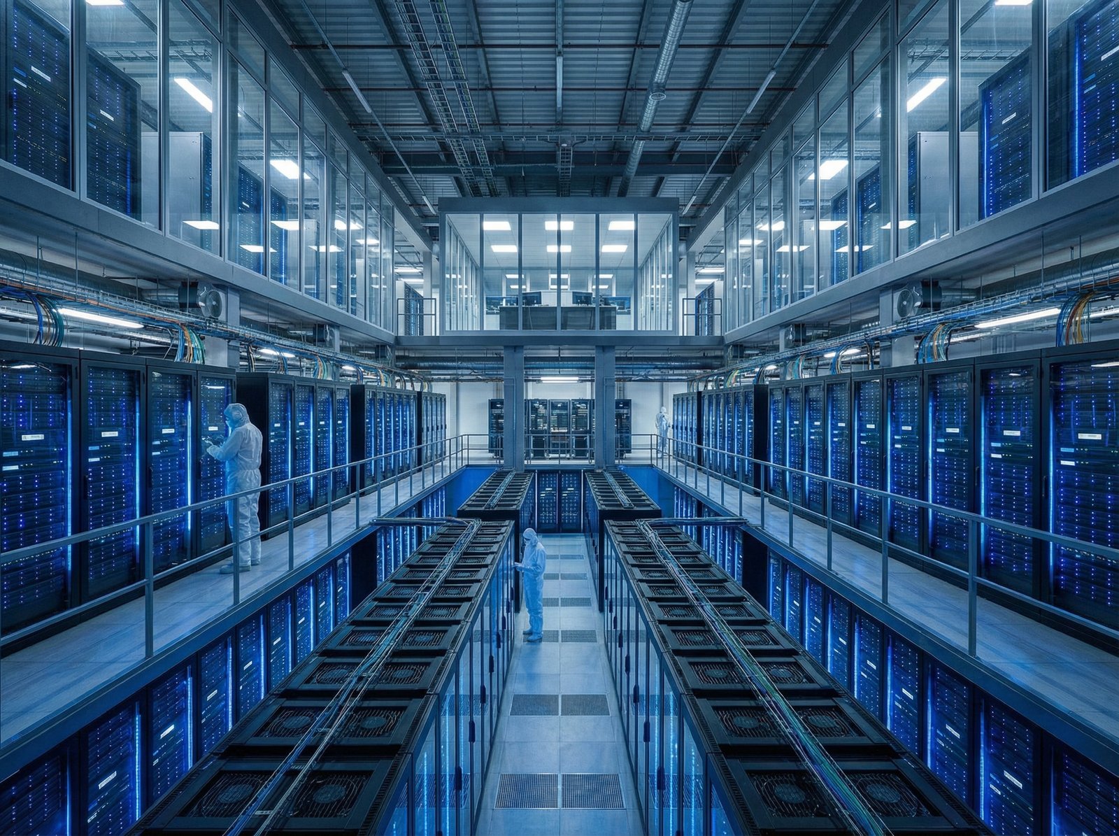 Interior of a massive modern data center with rows of servers and glowing blue LED lights, representing AI infrastructure and server demand, professional photography style, 4:3 aspect ratio, no text.