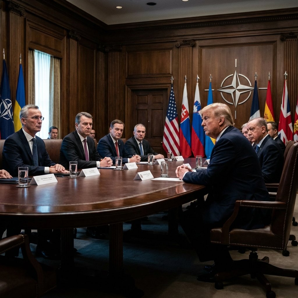 Donald Trump meeting with NATO leaders in a formal setting, focus on tense diplomatic atmosphere, high contrast professional photography, 1:1
