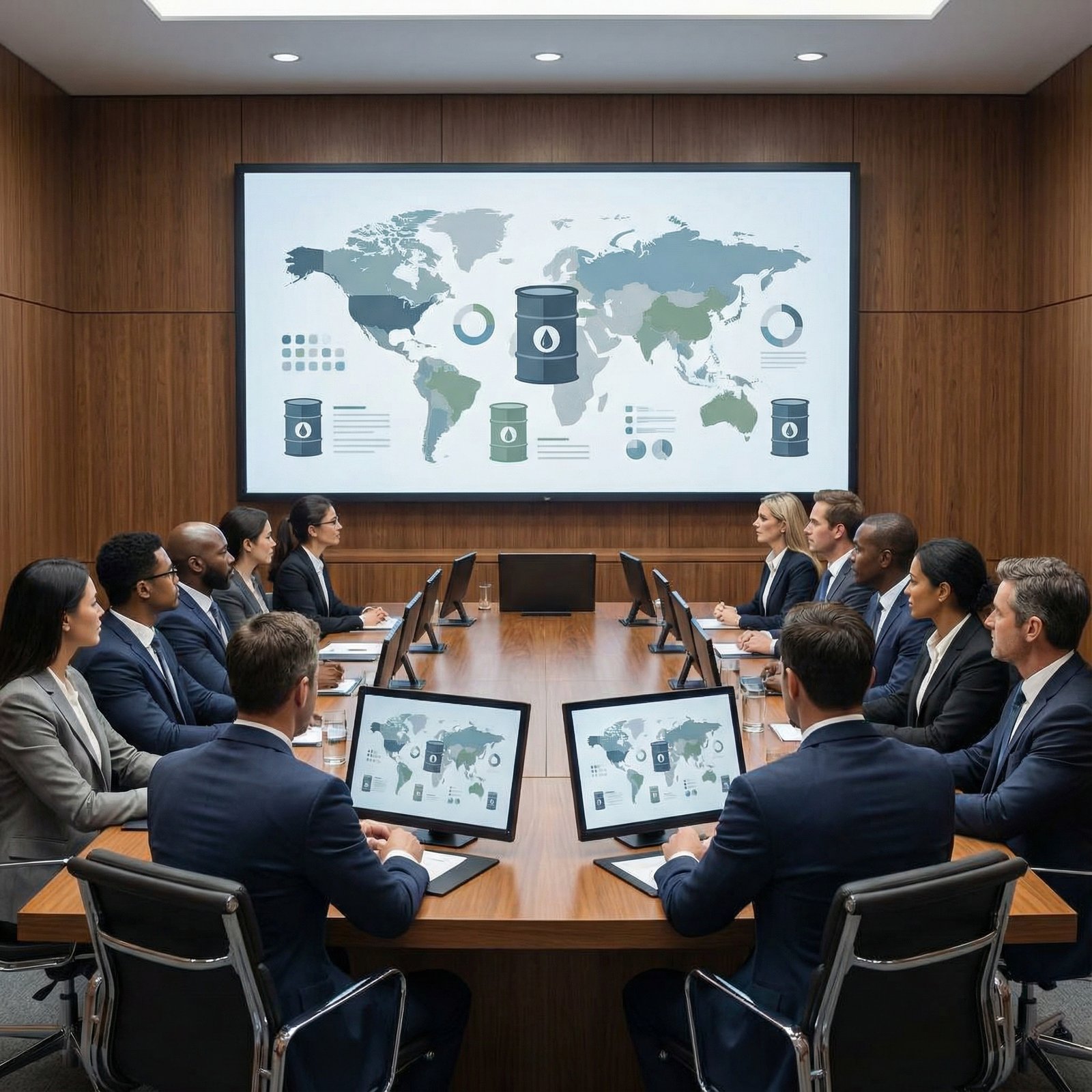 OPEC+ member representatives in a meeting room, looking serious and professional. The room has a modern and sophisticated feel, with a large table and screens. Informational style, clean infographic, 1:1 aspect ratio, no visible text.