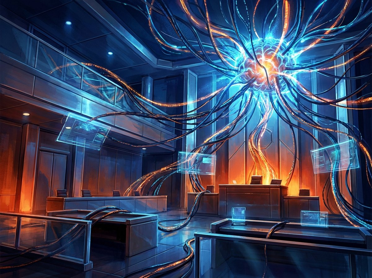 A dramatic and professional digital illustration showing a symbolic confrontation between a futuristic AI neural network and a high-tech corporate courtroom setting, deep blue and orange lighting, high contrast, 4:3 aspect ratio, no text.