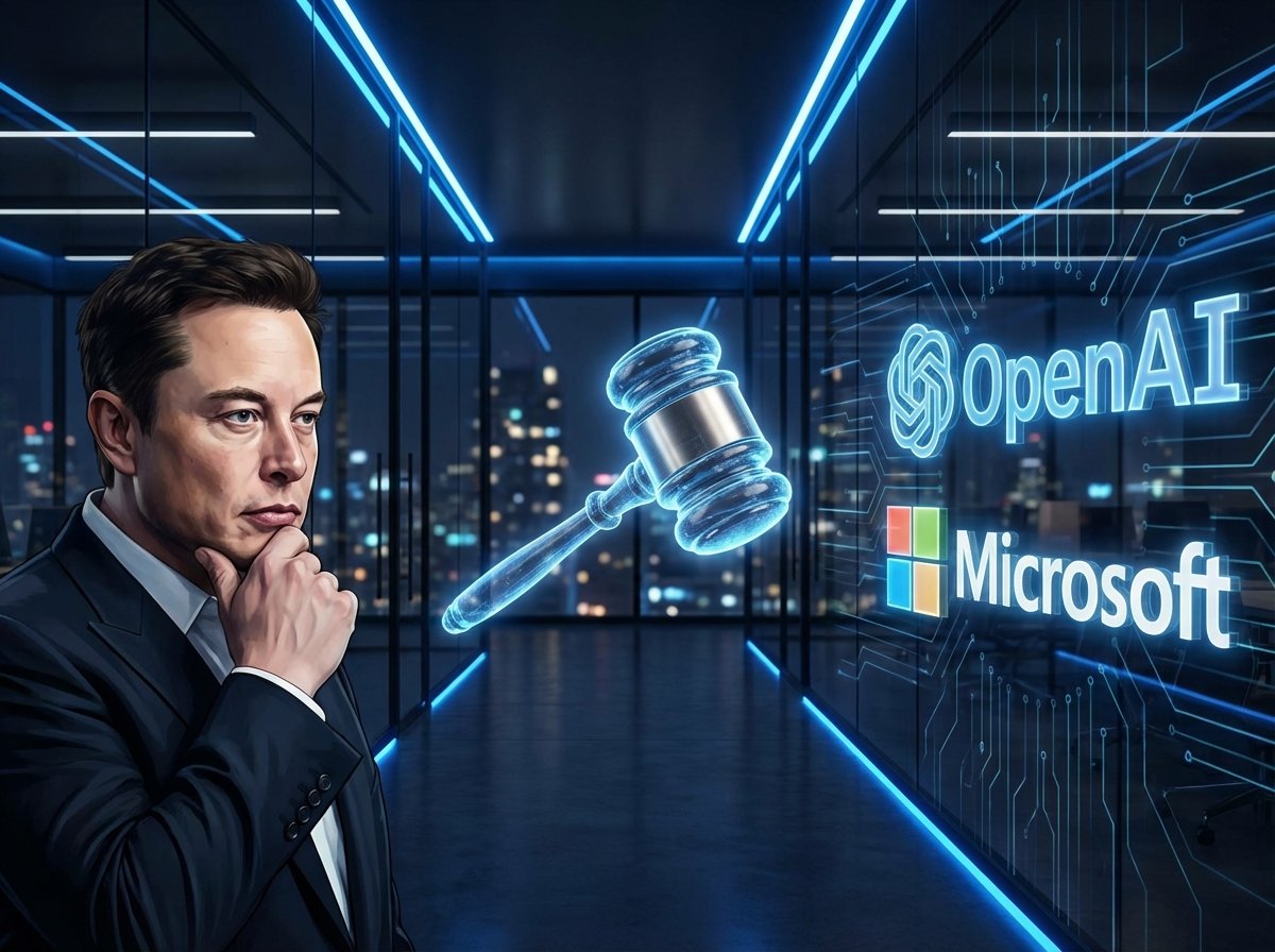 A high-quality realistic digital illustration of Elon Musk on one side and the logos of OpenAI and Microsoft on the other side, separated by a glowing legal gavel in the center. The background is a dark, modern corporate office environment with digital blue light effects. No text. Aspect ratio 4:3.