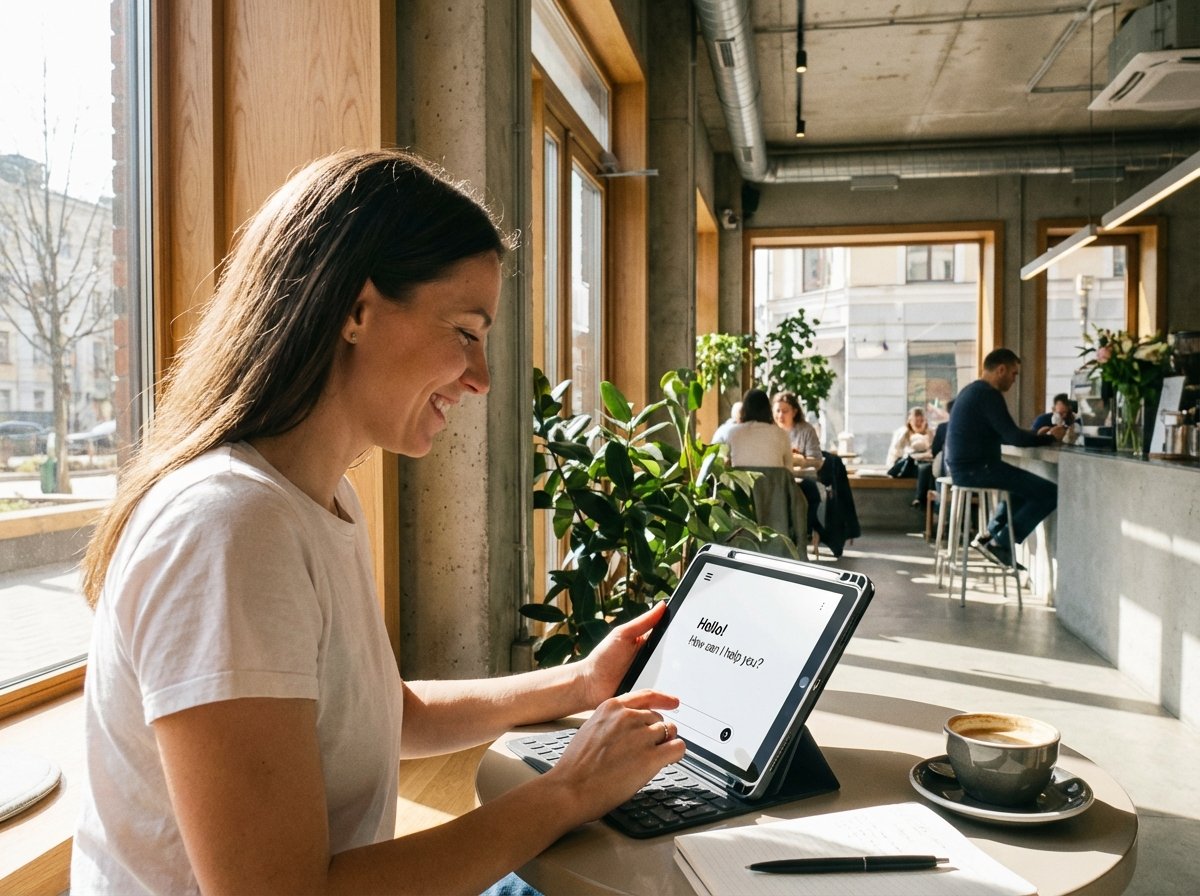 A person sitting in a bright and modern cafe using a tablet PC to interact with a clean AI chatbot interface, natural sunlight, lifestyle photography. 4:3