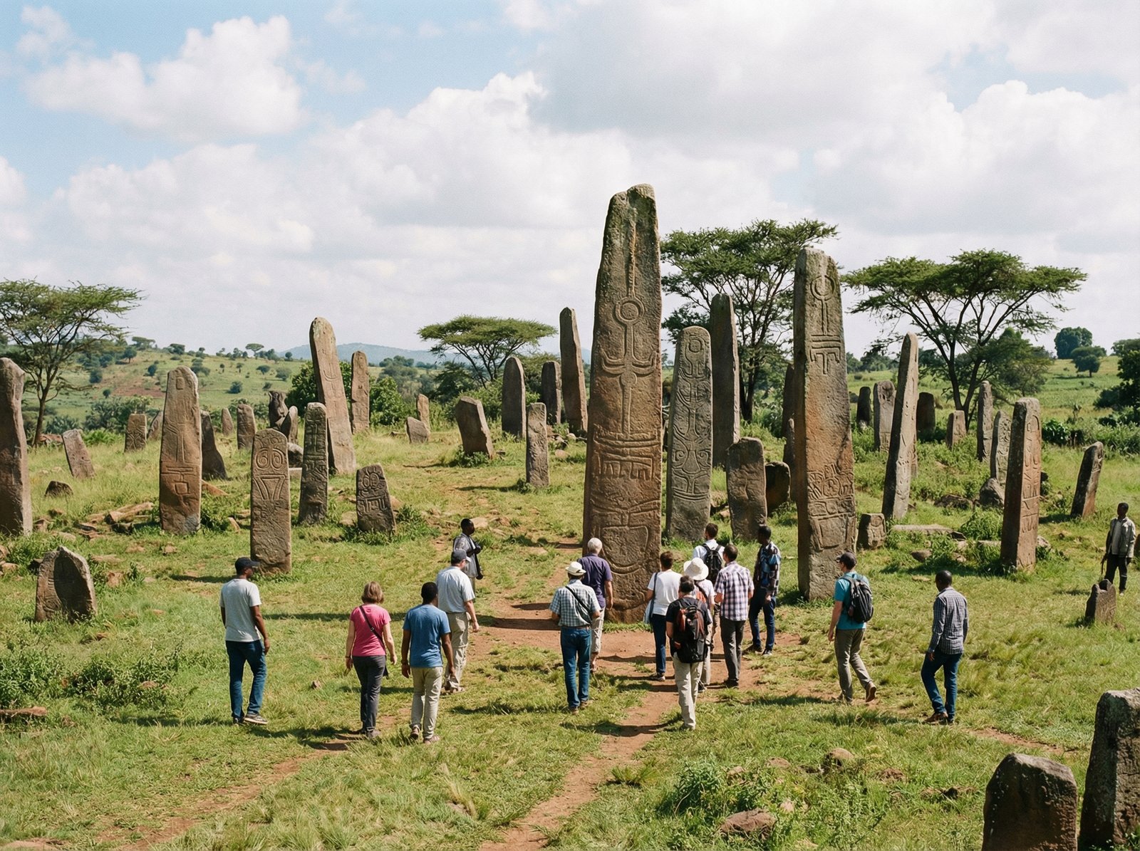 A group of visitors walking among the ancient stelae at Tiya, Ethiopia, observing the historical monuments. The scene emphasizes the scale of the stelae against the people. Aspect ratio 4:3, no visible text.