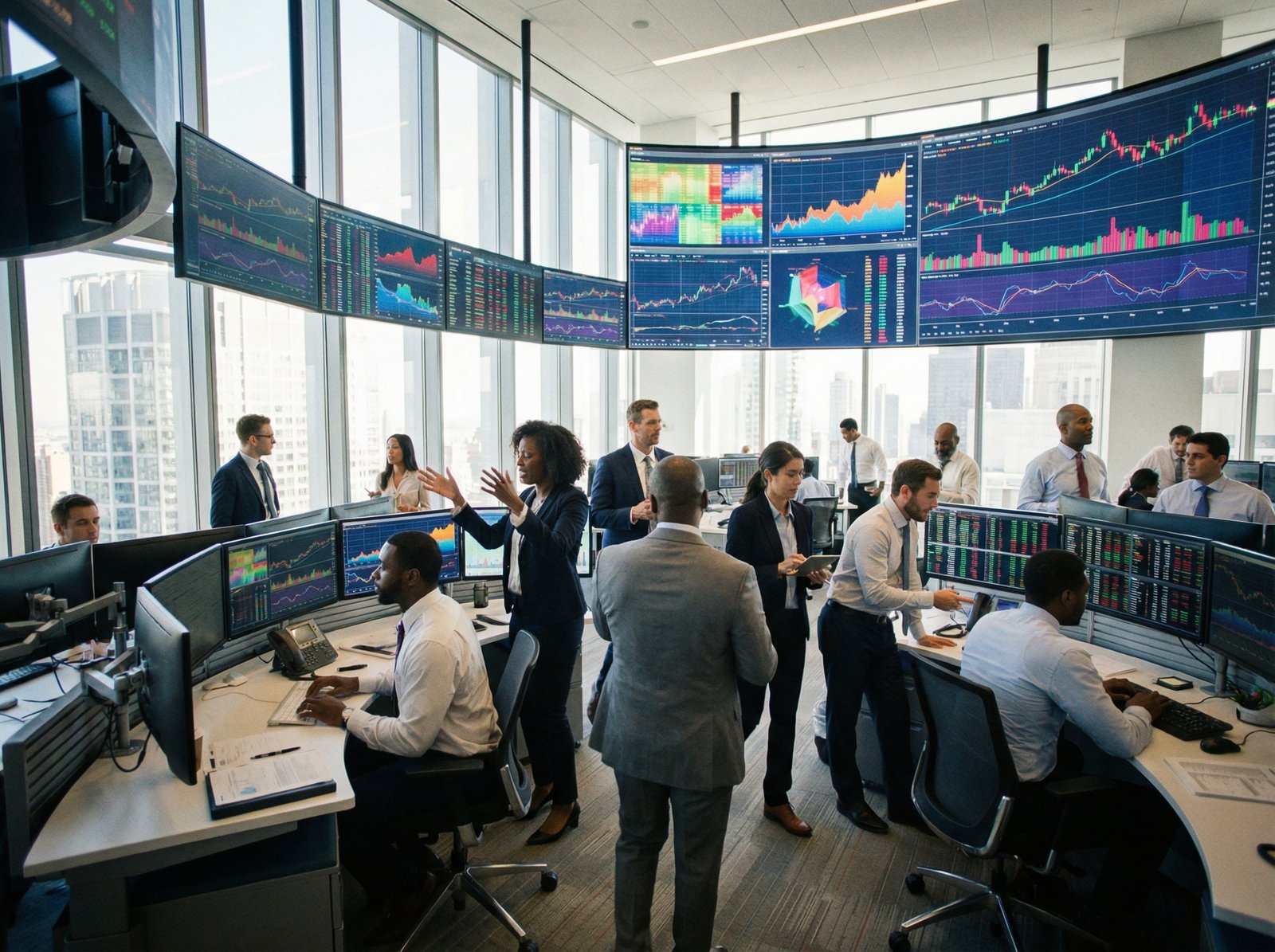 A dynamic, realistic photo of business people working in a modern Wall Street office, surrounded by multiple digital screens displaying stock charts and financial data. The lighting is bright and professional, with a centered focus. No visible text, 4:3 aspect ratio.