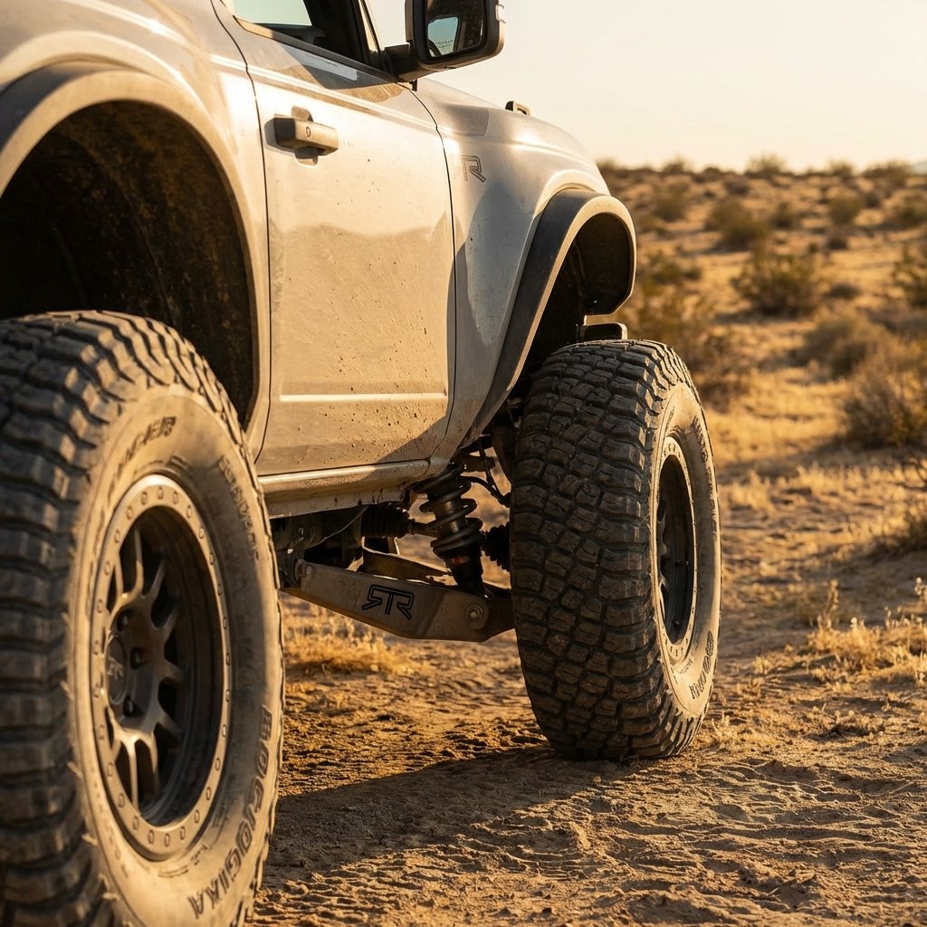 Close up side view of a Ford Bronco RTR SUV showing off-road wheels and suspension components, desert background during golden hour, realistic photography, sharp focus, aspect ratio 1:1, no text