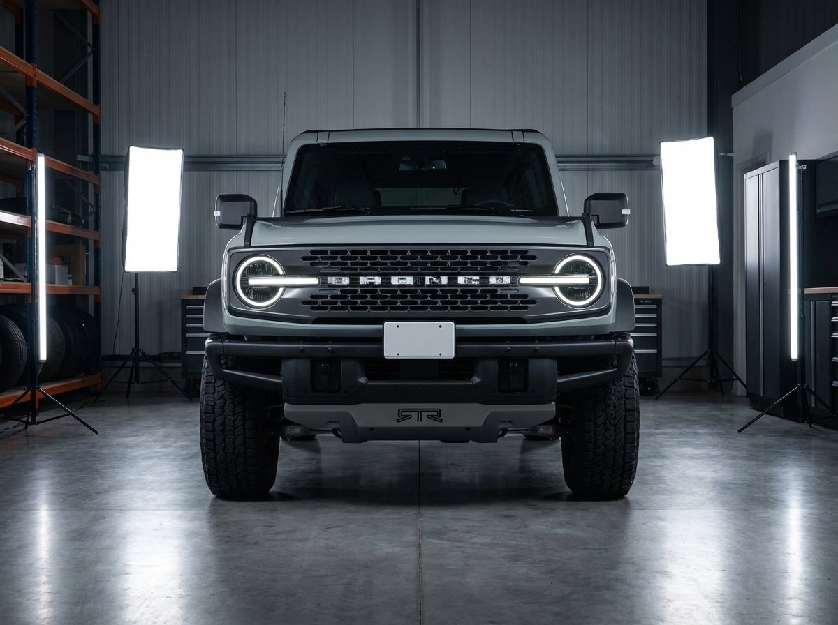 Front view of the 2027 Ford Bronco RTR SUV highlighting the unique grille and headlights, modern garage setting, studio lighting, professional layout, aspect ratio 4:3, no text