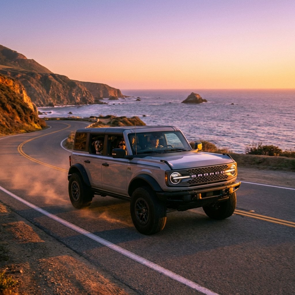 Ford Bronco RTR SUV driving on a coastal road at sunset, lifestyle photography, warm lighting, cinematic atmosphere, aspect ratio 1:1, no text
