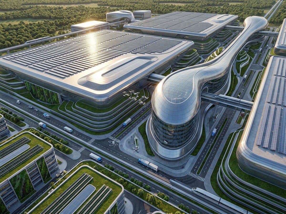 A futuristic and high-tech aerial view of a massive semiconductor manufacturing plant in a modern industrial complex, sleek metallic architecture, glass facades reflecting the sun, surrounding green areas and logistics trucks, 4:3 aspect ratio, no text.
