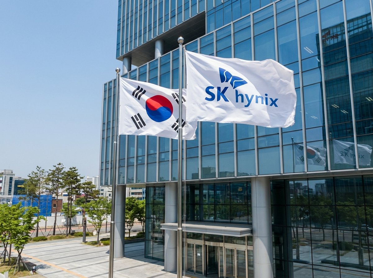 A South Korean national flag and an SK Hynix flag fluttering together outside a modern glass office building under a clear blue sky, professional photography, high resolution, 4:3