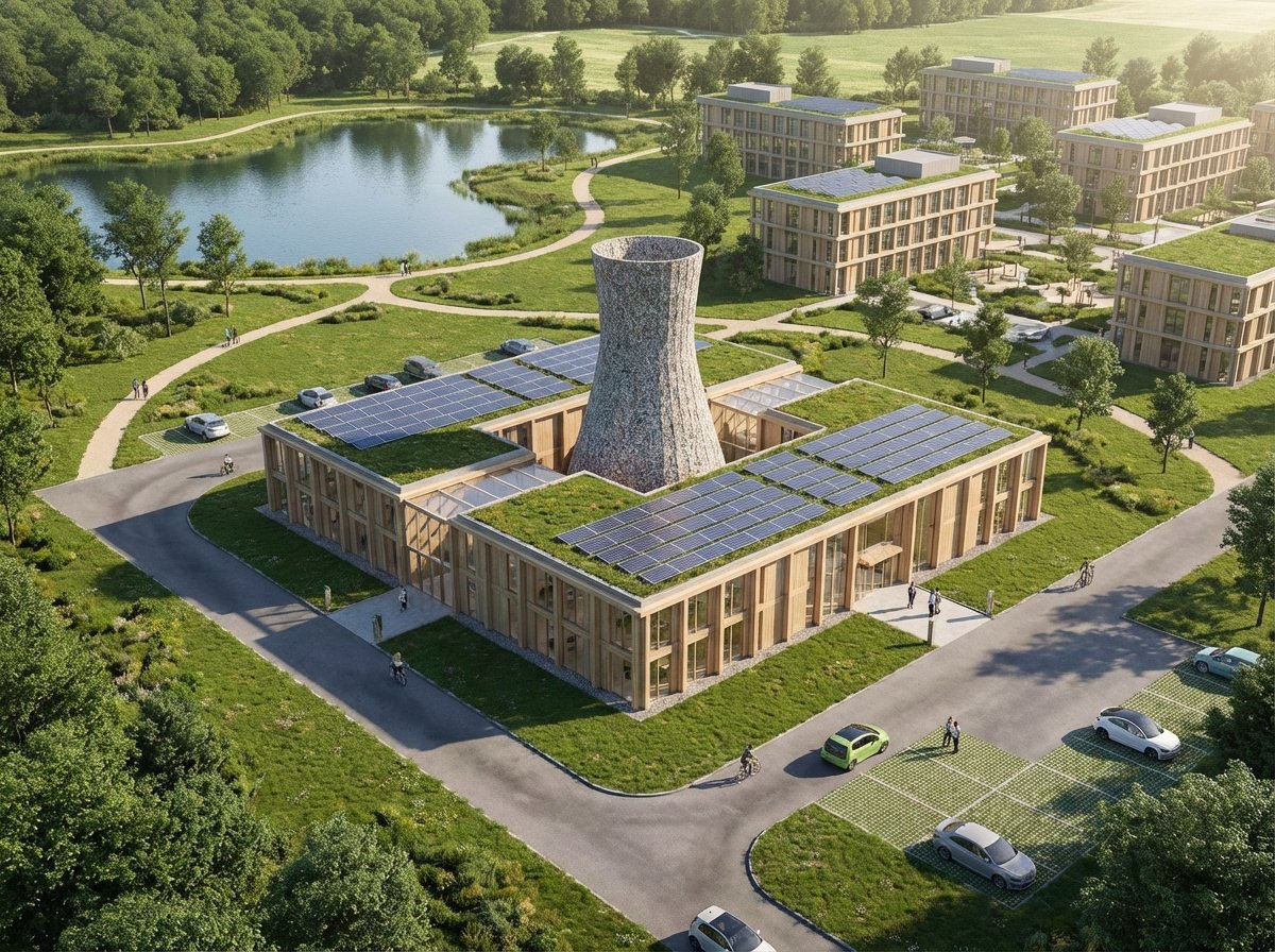 Conceptual architectural rendering of a small modular reactor facility near a tech park, clean and sustainable design, daytime lighting, 4:3, no text