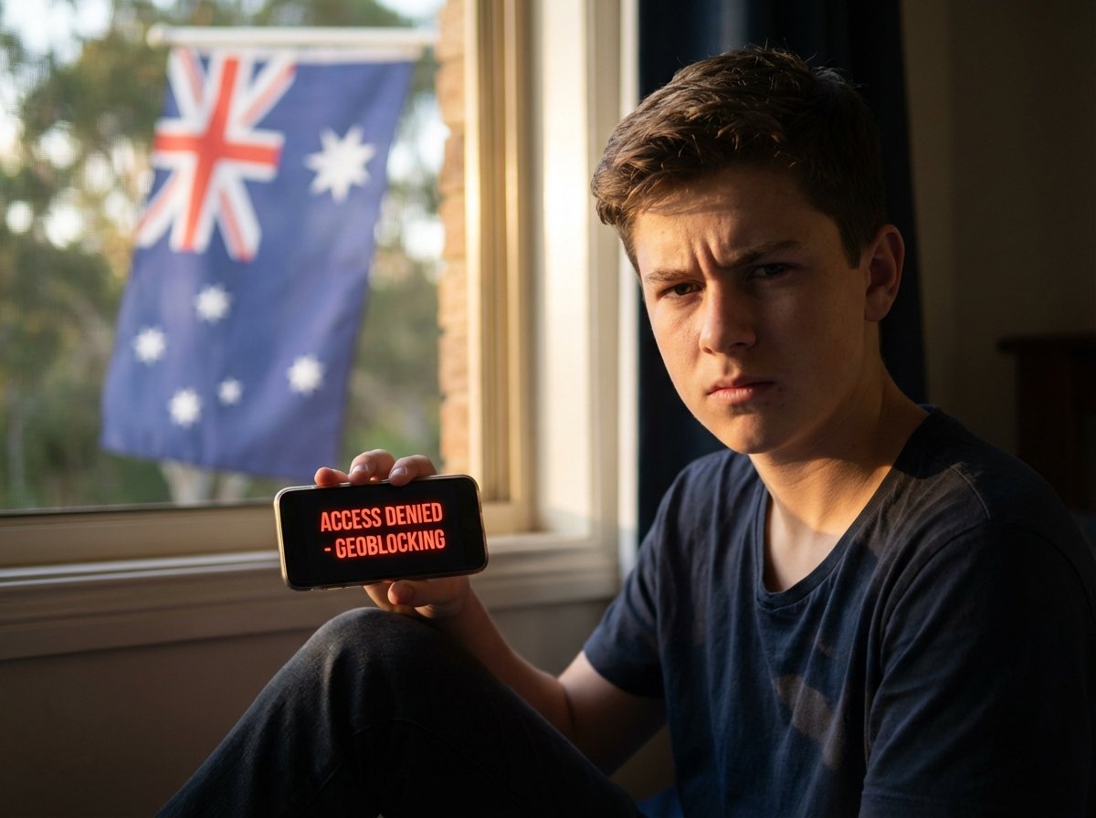 A frustrated teenager looking at a smartphone screen that displays a access denied message, Australian flag blurred in the background, cinematic lighting, realistic style, 4:3