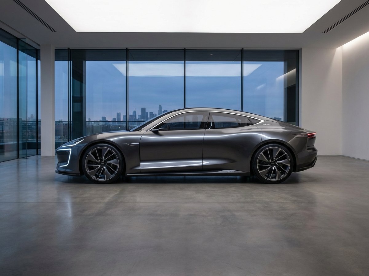 A sleek high-performance electric sports car in a modern minimalist showroom, professional lighting, side view, detailed metallic texture, 4:3