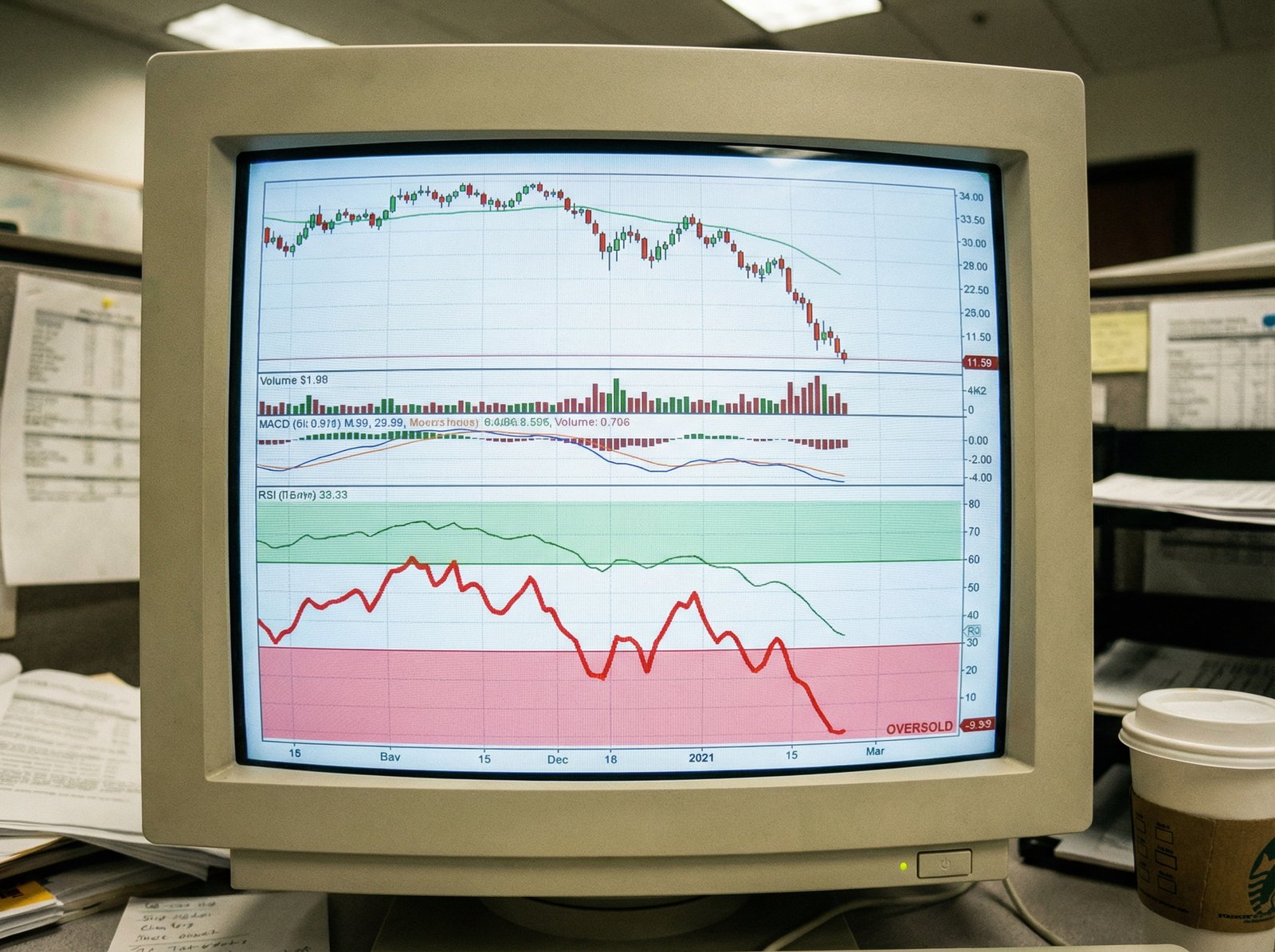 A detailed composition of a stock chart showing a stock's RSI dropping below 30, signaling an oversold condition. Focus on the technical indicators and a red line dipping into the lower region. No visible text, aspect ratio 4:3.