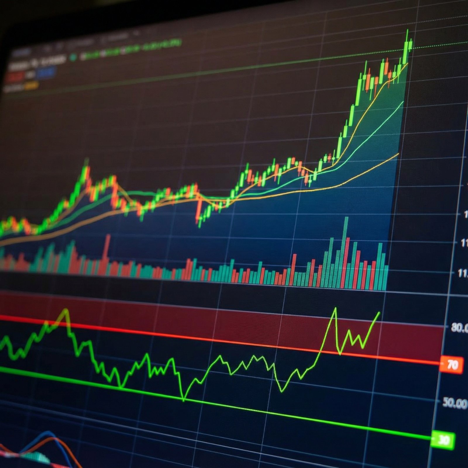 A chart showing a stock's RSI rising above 70, indicating an overbought condition, with a green line soaring into the upper region. Highlight the technical aspects of the chart. No visible text, aspect ratio 1:1.