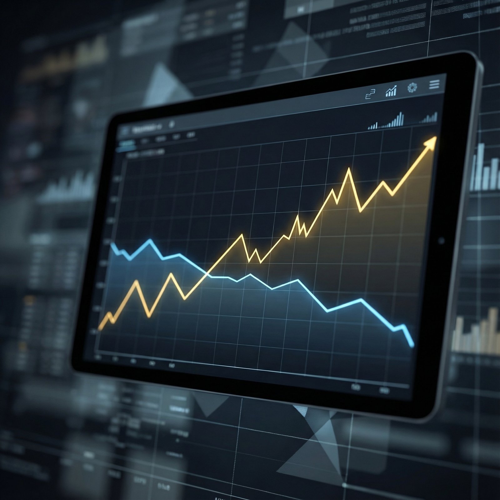 A professional stock market chart showing two diverging lines, one gold representing the Dow Jones rising and one blue representing the S&P 500 slightly dipping. Modern financial background with a clean digital interface, 1:1 aspect ratio, no text.