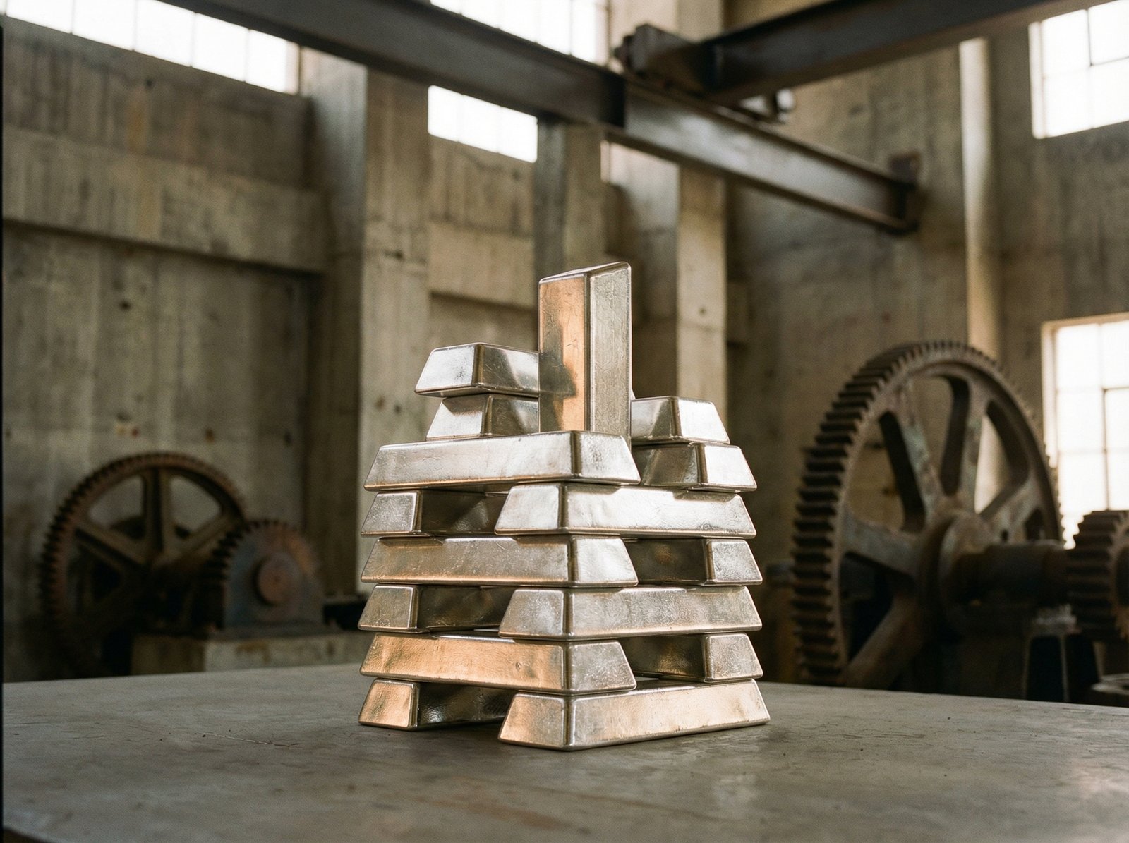 Polished silver bars neatly stacked in an abstract industrial setting, with soft, ambient lighting. Detailed composition, no visible text, 4:3 aspect ratio.