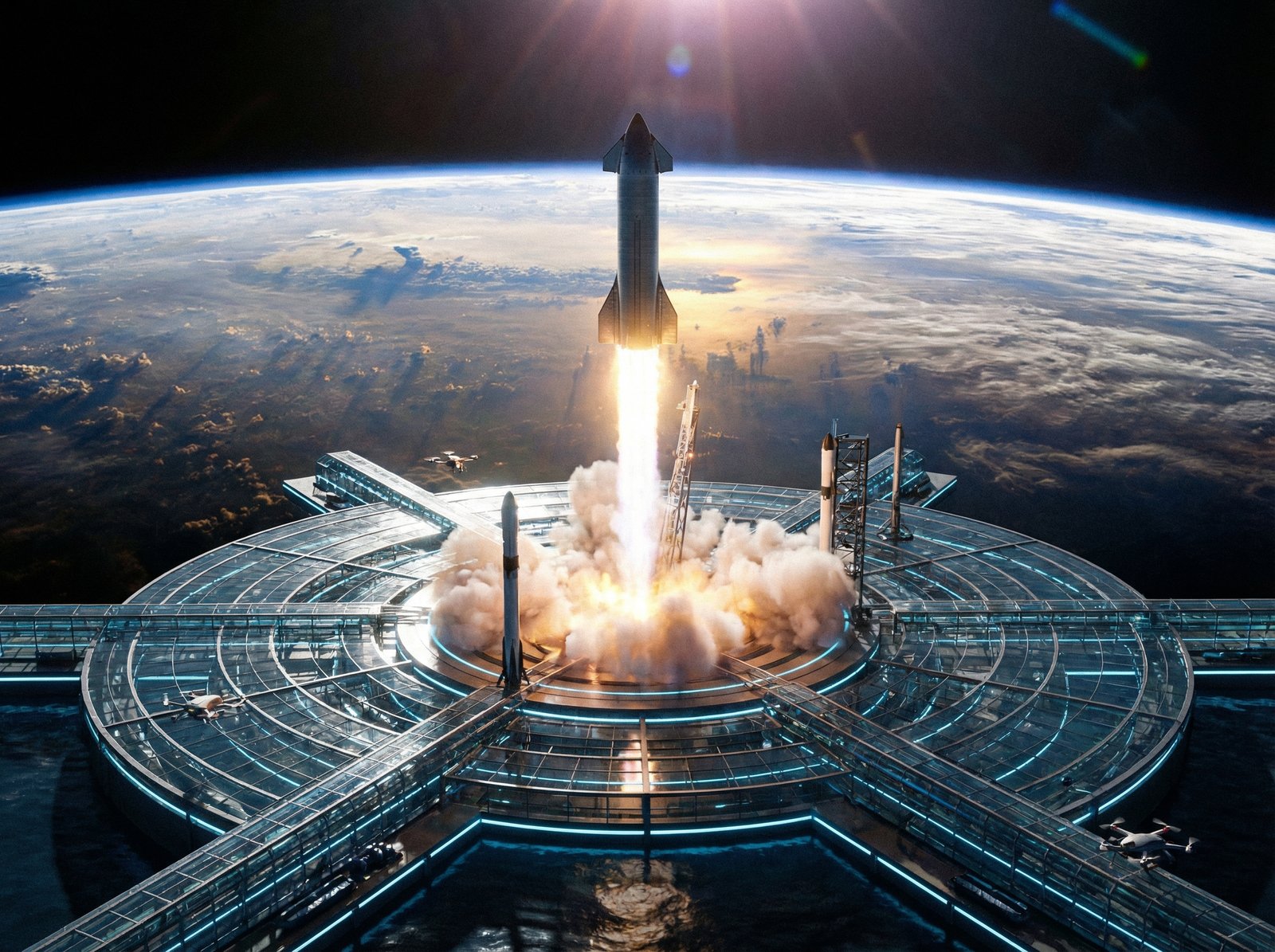 SpaceX rocket launching into space from a futuristic launchpad, with Earth visible in the background. Dynamic lighting, high contrast, modern layout. Aspect ratio 4:3, no visible text.