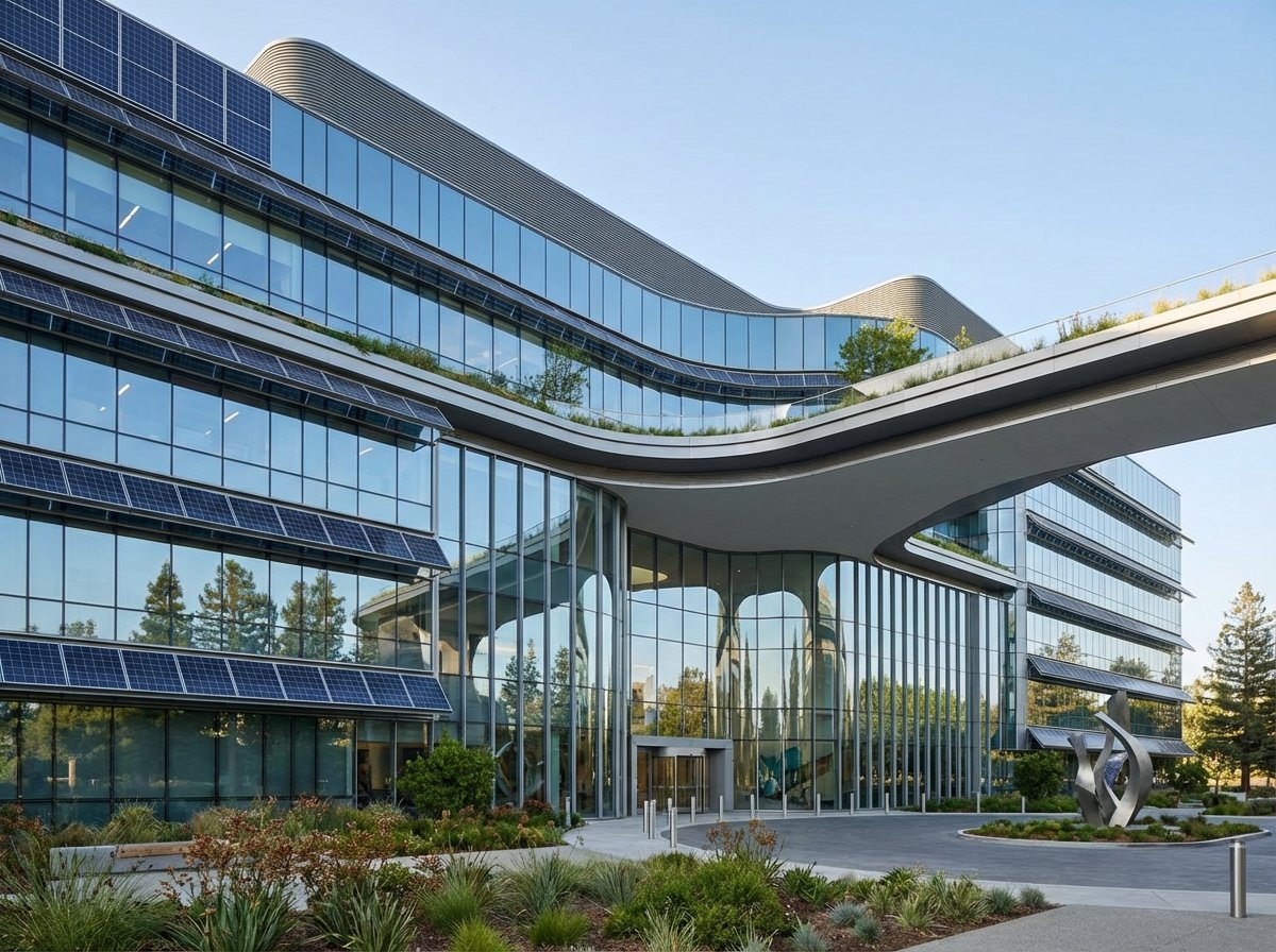 A modern professional architectural view of the TSMC office building in San Jose California during daytime with a sleek glass facade and high-tech atmosphere, 4:3 aspect ratio, no visible text