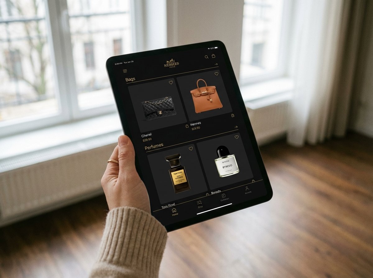 A close-up shot of a person holding a modern tablet. On the screen, a high-end fashion online store interface is visible with luxury bags and perfumes. The UI looks sleek and premium. Natural daylight from a window in a stylish apartment. 4:3 aspect ratio, no text.
