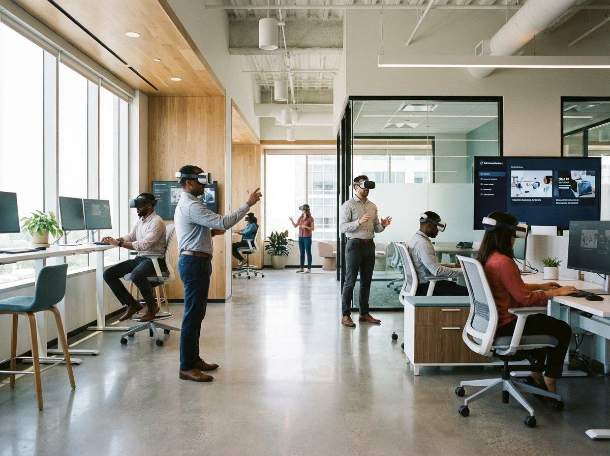 Employees in a professional corporate office setting using VR headsets for training, clean and modern interior, bright natural lighting, realistic style, 4:3