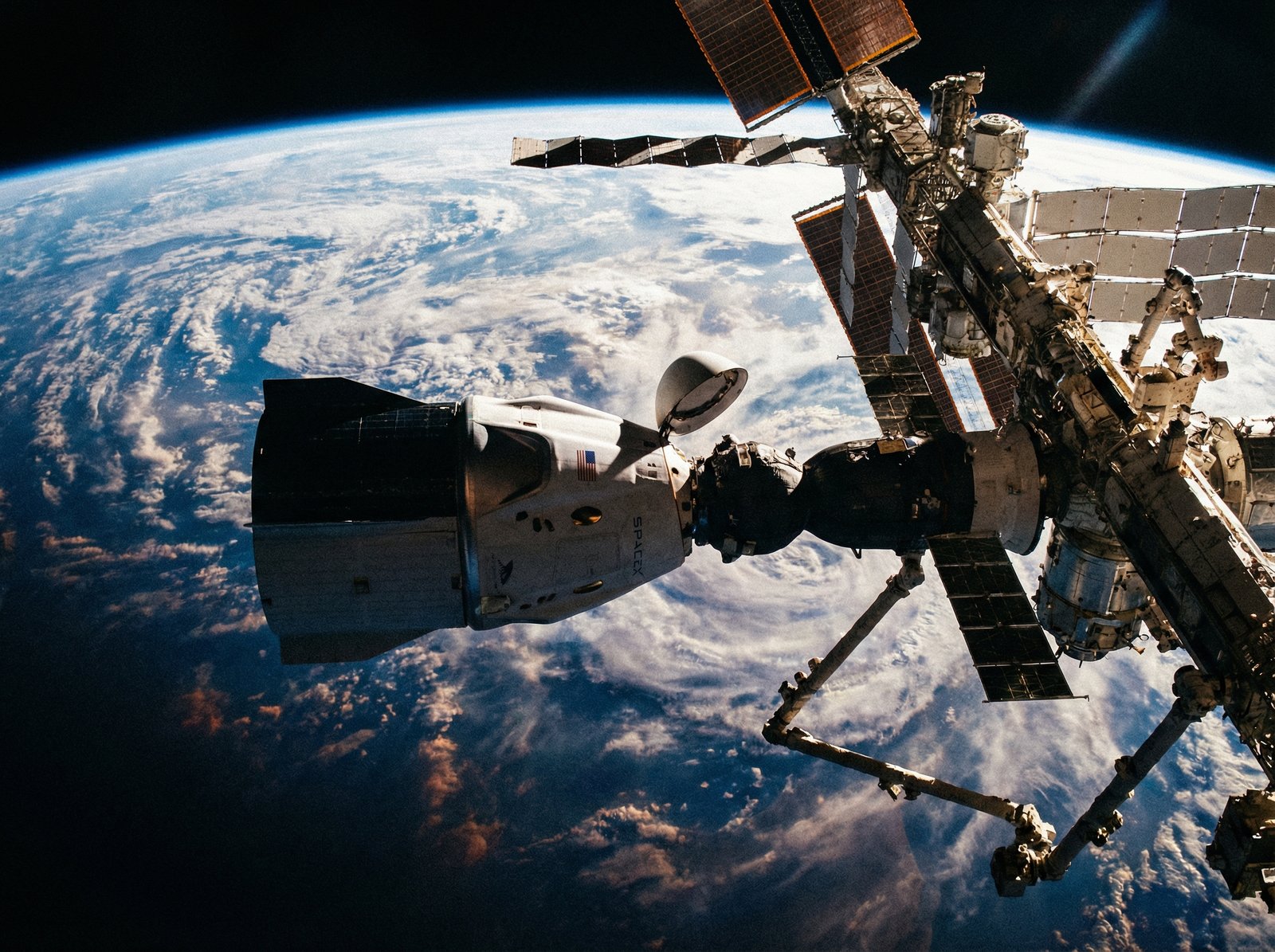 A SpaceX Dragon spacecraft docked to the International Space Station with Earth in the background, high contrast, cinematic lighting, realistic space photography, 4:3
