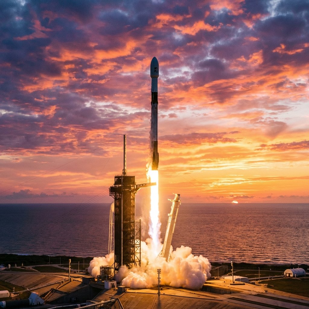 A SpaceX Falcon 9 rocket launching into the vibrant sunset sky, carrying satellites, professional photography, dramatic lighting, 1:1, no text
